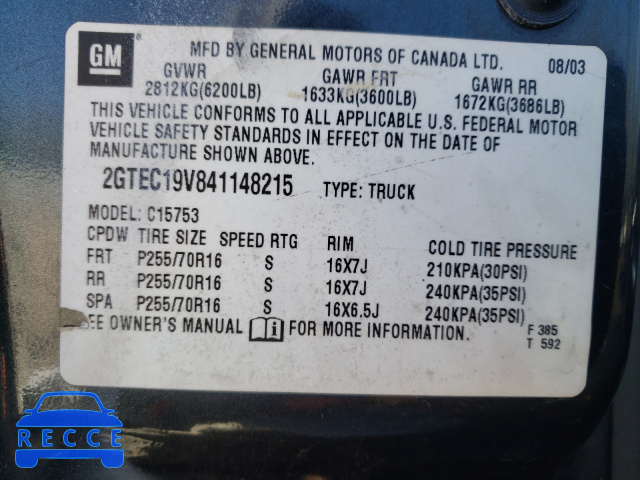 2004 GMC SIERRA 150 2GTEC19V841148215 Bild 9