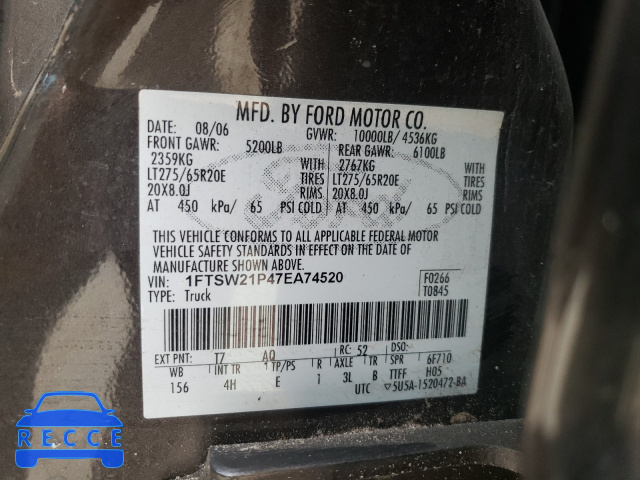 2007 FORD F-250 1FTSW21P47EA74520 image 9