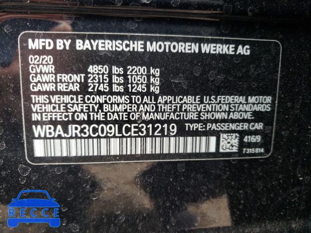 2020 BMW 530 I WBAJR3C09LCE31219 зображення 9