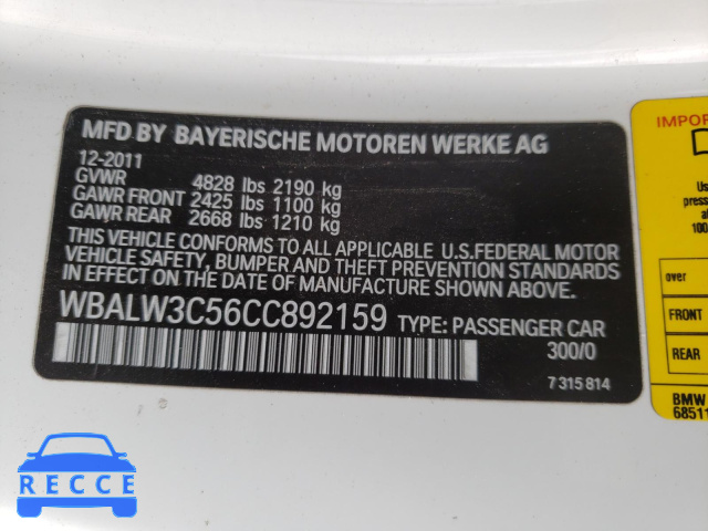 2012 BMW 640 I WBALW3C56CC892159 image 9