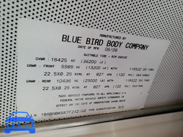 2007 BLUE BIRD SCHOOL BUS 1BABNBKAX7F242162 зображення 9
