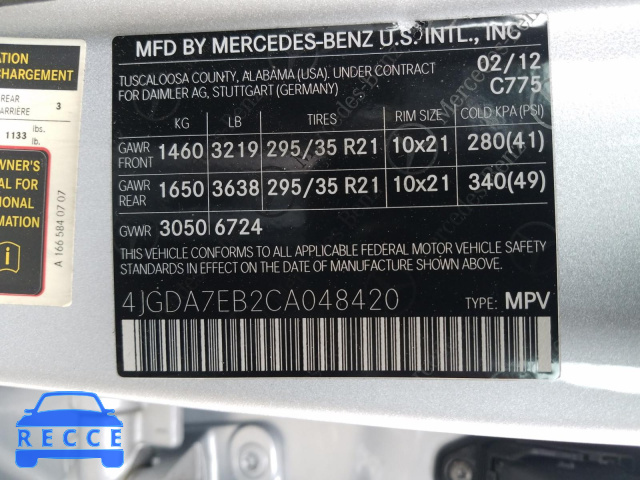 2012 MERCEDES-BENZ ML 63 AMG 4JGDA7EB2CA048420 зображення 9
