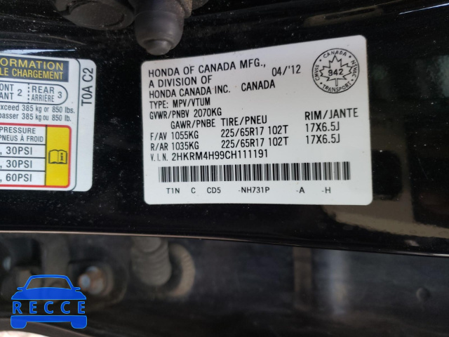 2012 HONDA CR-V TOURI 2HKRM4H99CH111191 Bild 9