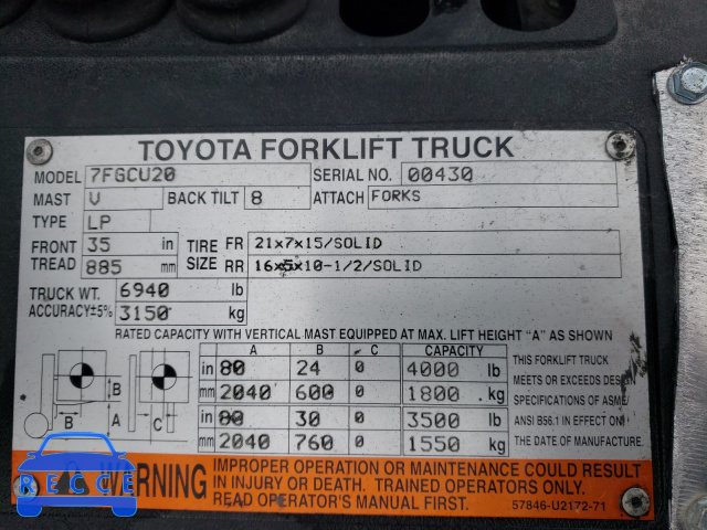 2007 TOYOTA FORKLIFT 00430 image 9