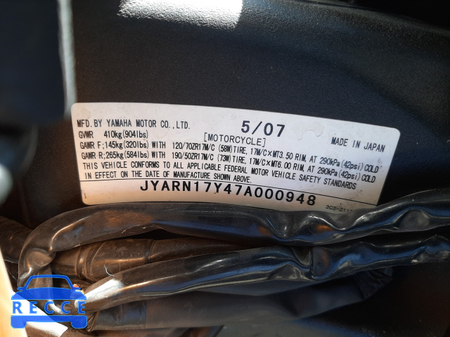 2007 YAMAHA FZ1 S JYARN17Y47A000948 зображення 9