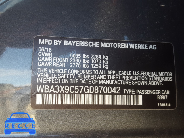 2016 BMW 335 XIGT WBA3X9C57GD870042 image 9
