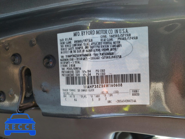 2004 FORD FOCUS ZTS 1FAHP38ZX4W160608 image 9