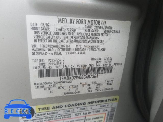 2008 FORD TAURUS X S 1FMDK02W08GA07364 image 9