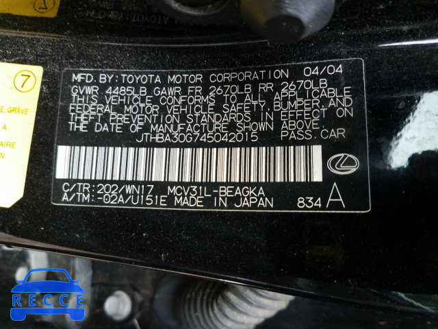2004 LEXUS ES330 JTHBA30G745042015 image 9