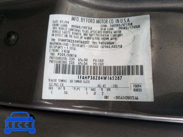 2004 FORD FOCUS ZTS 1FAHP38Z84W165287 image 9
