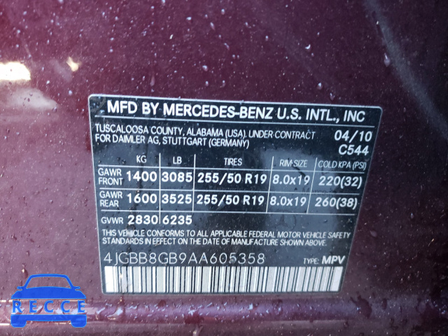 2010 MERCEDES-BENZ ML 350 4MA 4JGBB8GB9AA605358 зображення 9