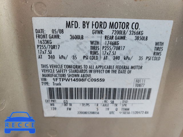 2008 FORD F150 4WD 1FTPW14598FC09559 image 9