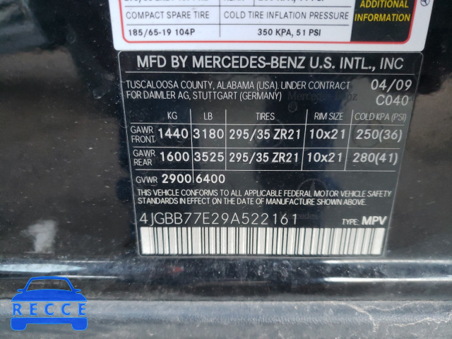 2009 MERCEDES-BENZ ML 63 AMG 4JGBB77E29A522161 зображення 9