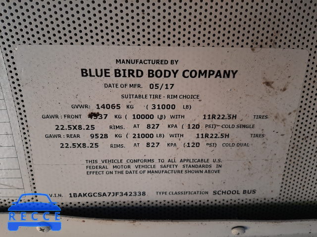 2018 BLUE BIRD SCHOOL BUS 1BAKGCSA7JF342338 зображення 9