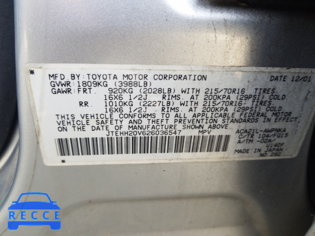 2002 TOYOTA RAV 4 JTEHH20V626036547 image 9