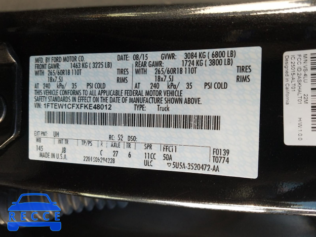2015 FORD F150 2WD 1FTEW1CFXFKE48012 image 9