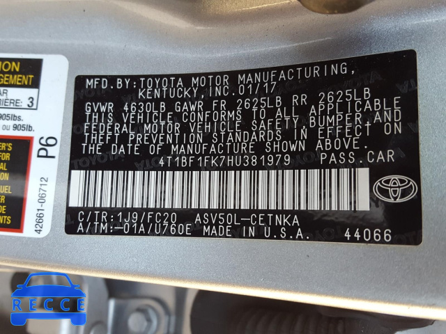 2017 TOYOTA CAMRY LE/X 4T1BF1FK7HU381979 image 9