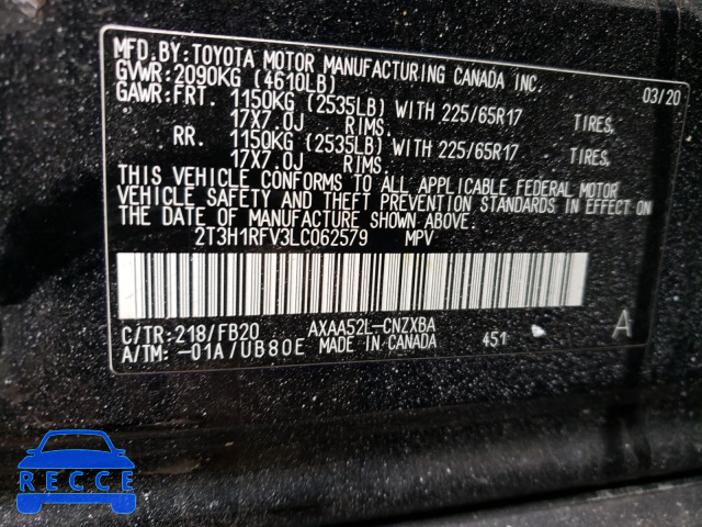 2020 TOYOTA RAV 4 2T3H1RFV3LC062579 image 9