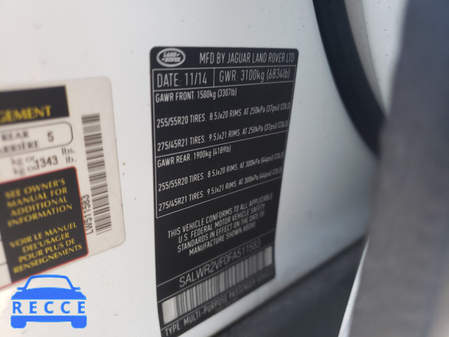 2015 LAND ROVER RANGE ROVE SALWR2VF0FA511583 image 9