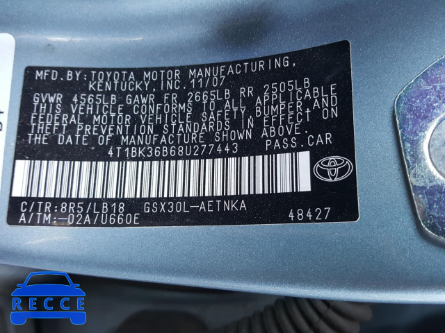 2008 TOYOTA AVALON LIM 4T1BK36B68U277443 image 9