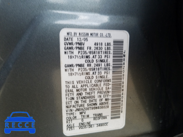 2006 NISSAN MURANO S JN8AZ08T96W408029 image 9