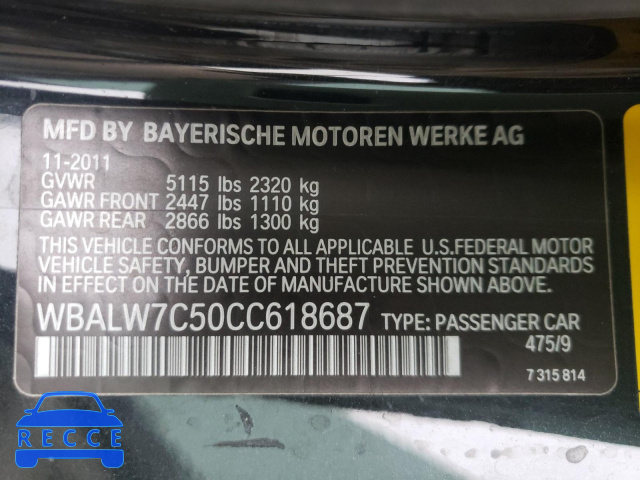 2012 BMW 640 I WBALW7C50CC618687 image 9