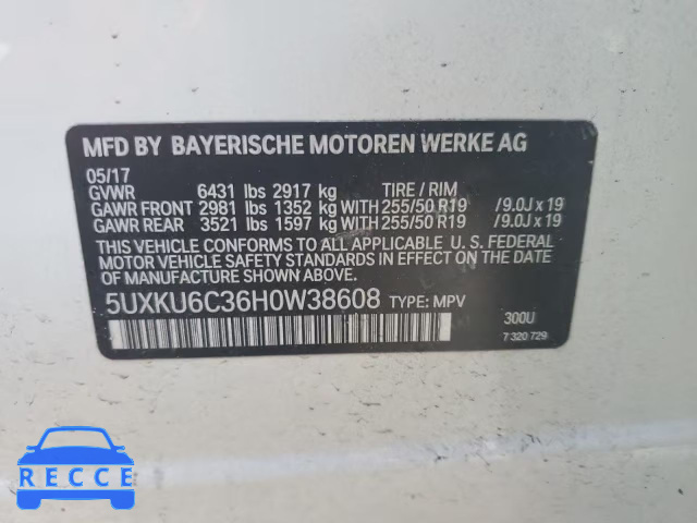 2017 BMW X6 XDRIVE5 5UXKU6C36H0W38608 зображення 11