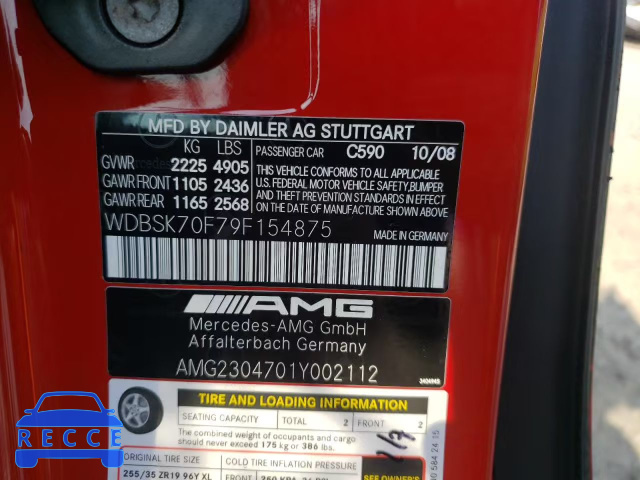 2009 MERCEDES-BENZ SL 63 AMG WDBSK70F79F154875 image 9