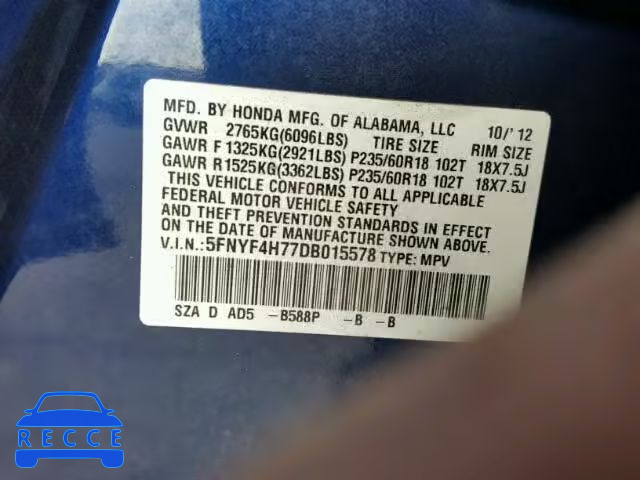 2013 HONDA PILOT EXLN 5FNYF4H77DB015578 image 9