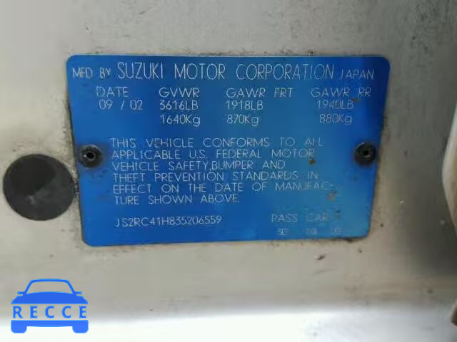 2003 SUZUKI AERIO JS2RC41H835206559 image 9