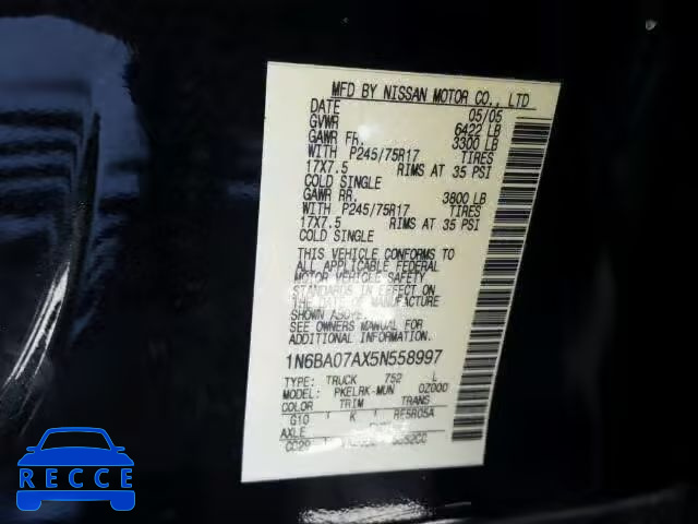 2005 NISSAN TITAN XE 1N6BA07AX5N558997 image 9