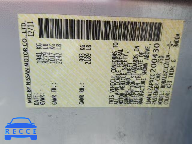 2012 NISSAN ALTIMA BAS 1N4AL2APXCC200430 image 9