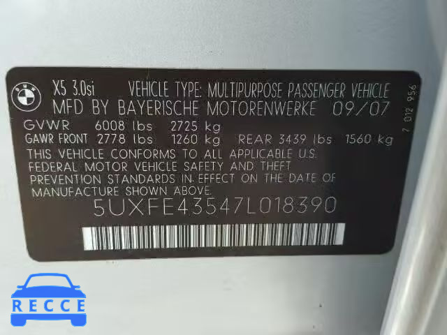 2007 BMW X5 5UXFE43547L018390 image 9