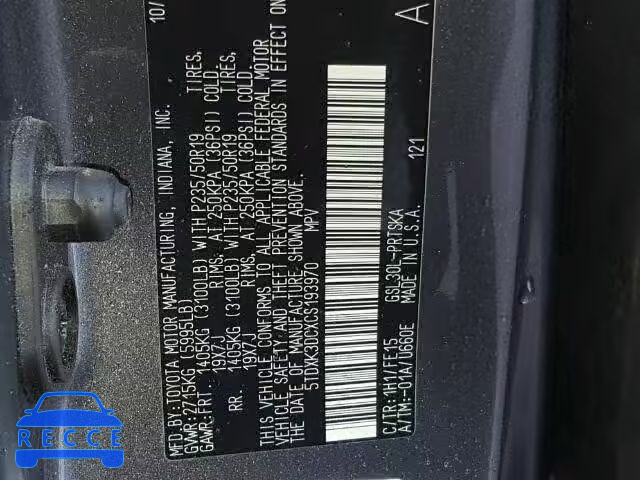 2012 TOYOTA SIENNA SPORT 5TDXK3DCXCS193970 image 9