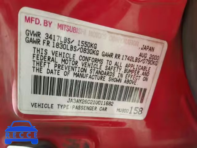2001 MITSUBISHI MIRAGE JA3AY26C21U011682 image 9