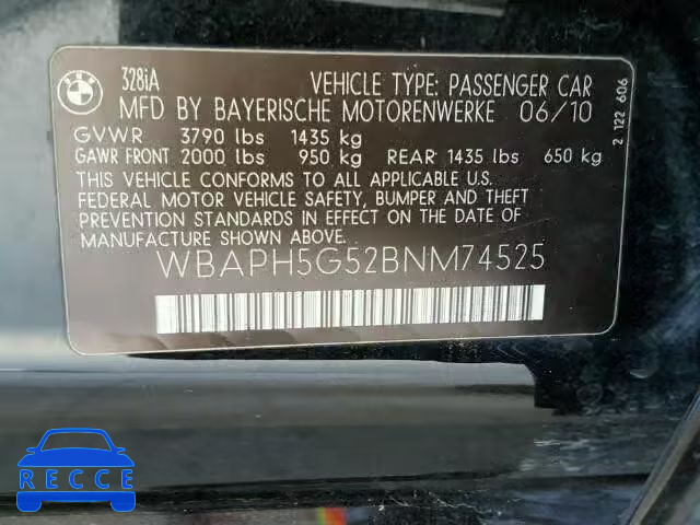 2011 BMW 328I SULEV WBAPH5G52BNM74525 зображення 9