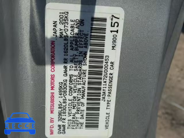 2002 MITSUBISHI MIRAGE JA3AY11A72U000453 Bild 9