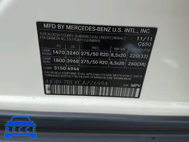 2012 MERCEDES-BENZ GL 4JGBF7BEXCA776994 зображення 9