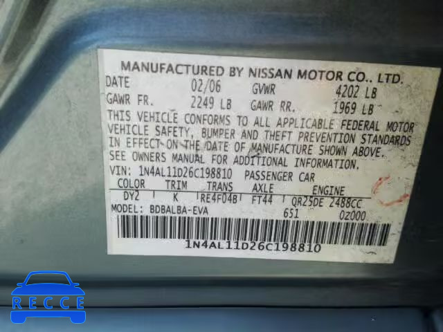 2006 NISSAN ALTIMA S 1N4AL11D26C198810 image 9