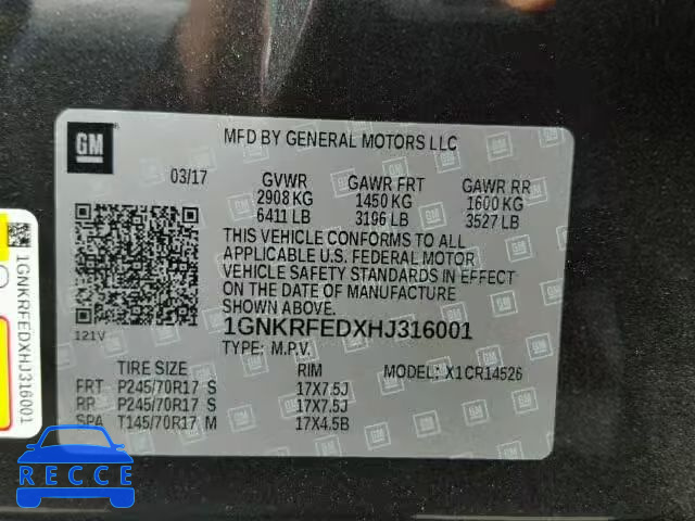 2017 CHEVROLET TRAVERSE 1GNKRFEDXHJ316001 image 9