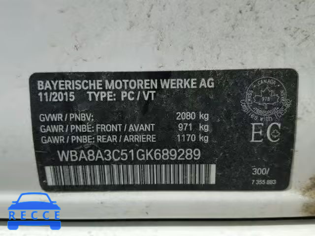 2016 BMW 320 WBA8A3C51GK689289 зображення 9