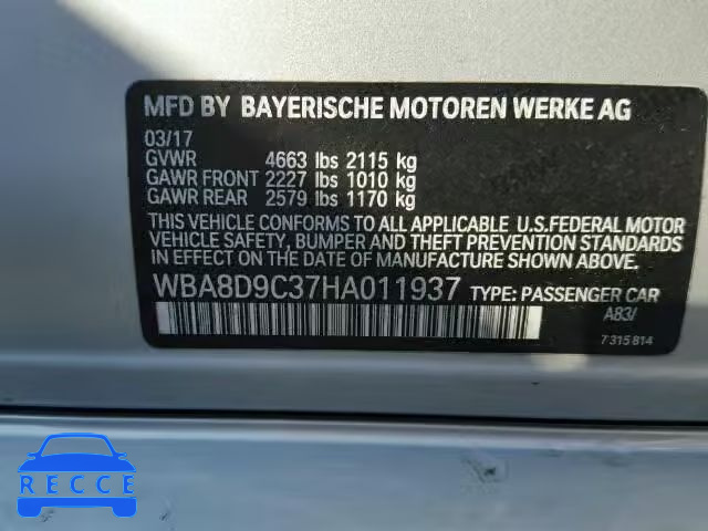 2017 BMW 330 WBA8D9C37HA011937 зображення 9