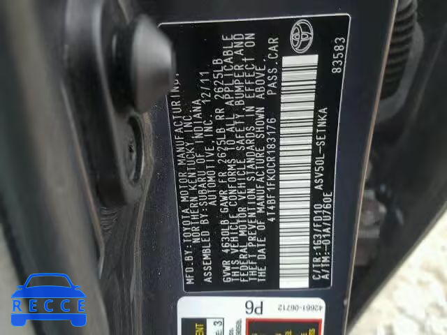 2012 TOYOTA CAMRY BASE 4T4BF1FK0CR183176 image 9