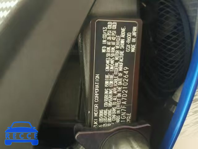 2013 SUZUKI GSX-R600 JS1GN7FA7D2102649 image 9
