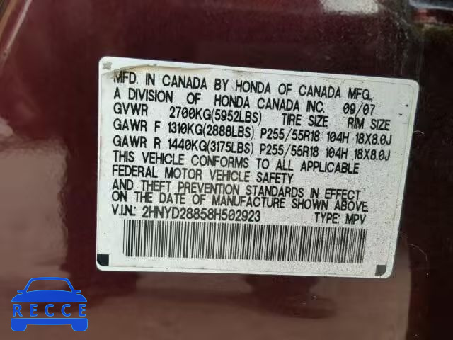 2008 ACURA MDX SPORT 2HNYD28858H502923 image 9