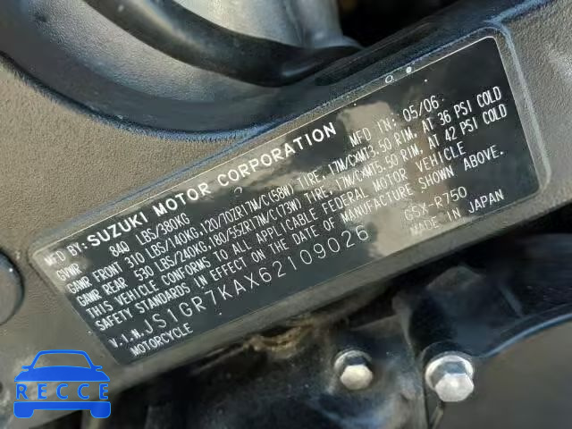 2006 SUZUKI GSX-R750 JS1GR7KAX62109026 image 9