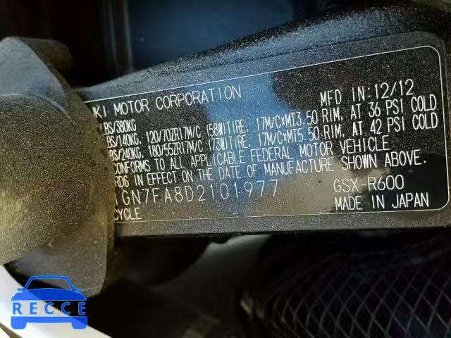 2013 SUZUKI GSX-R600 JS1GN7FA8D2101977 image 9