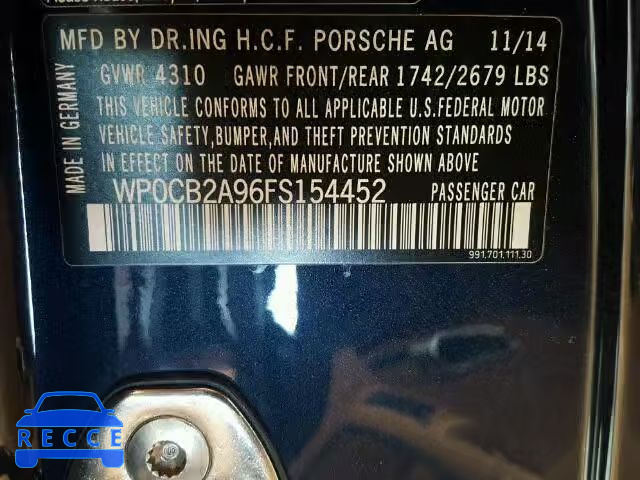 2015 PORSCHE 911 WP0CB2A96FS154452 зображення 9