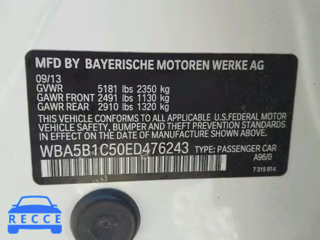 2014 BMW 535 WBA5B1C50ED476243 зображення 9