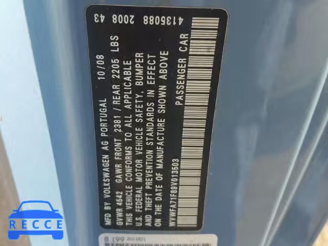 2009 VOLKSWAGEN EOS WVWFA71F89V013503 image 9